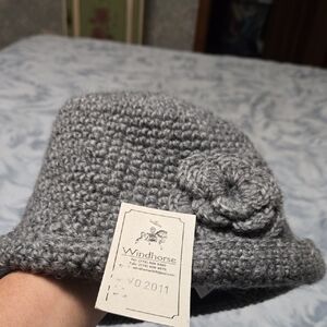 Windhorse Women's 100% Wool Gray Crochet Handcrafted Hat with Flower